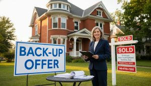 Georgetown Ontario home with a 'Back-Up Offer' sign beside a 'Sold' sign and a real estate agent holding contracts