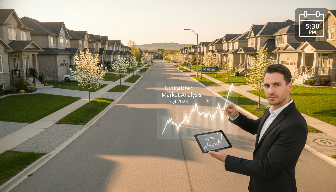 Georgetown Ontario suburban street with homes, realtor holding tablet showing market chart, calendar and clock overlays.