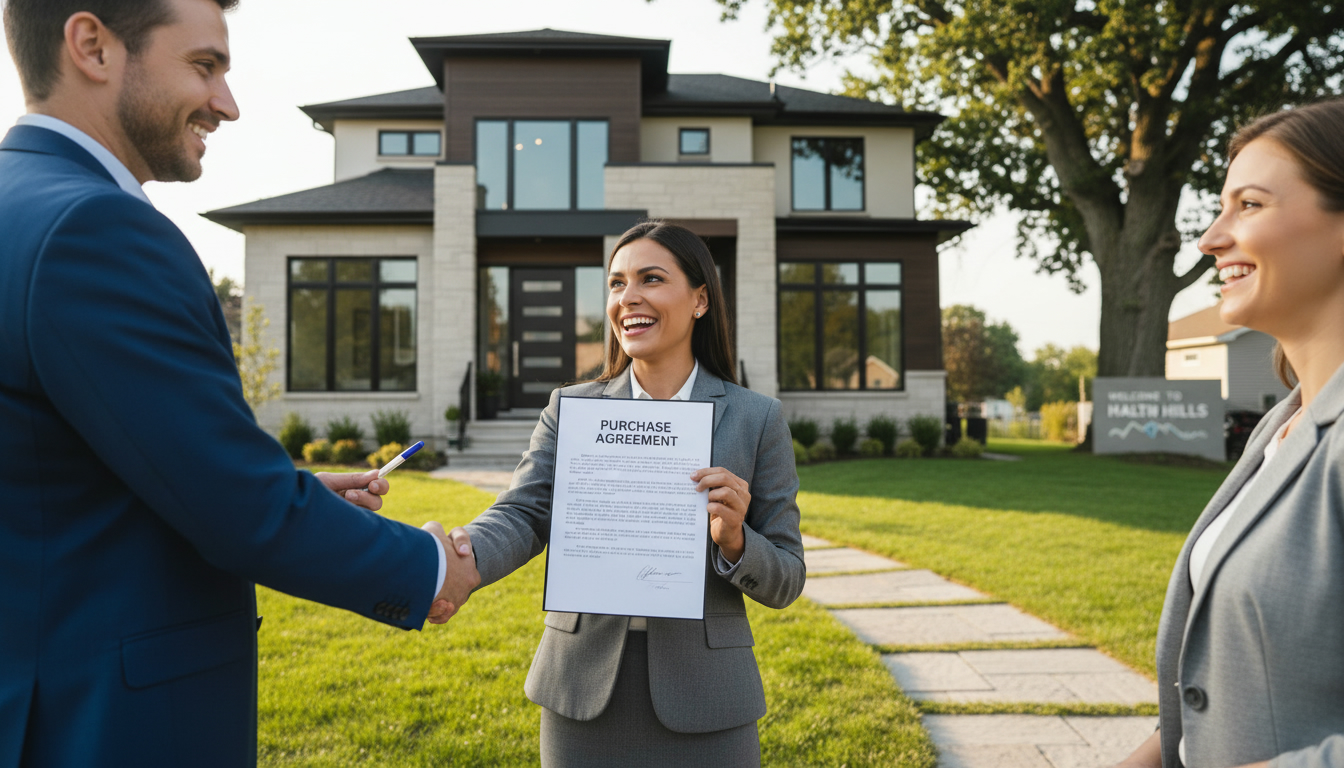 Realtor holding signed contract with buyers in front of a Georgetown, Ontario home