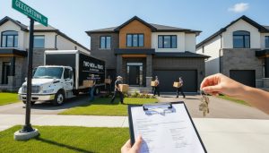 Georgetown Ontario house with moving truck, signed occupancy agreement on clipboard and keys being handed over
