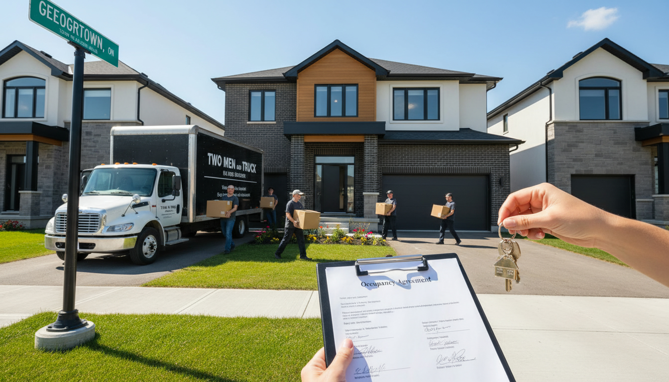 Georgetown Ontario house with moving truck, signed occupancy agreement on clipboard and keys being handed over