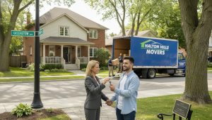 Realtor handing keys to buyers outside a house in Georgetown, ON with a moving truck in the background.