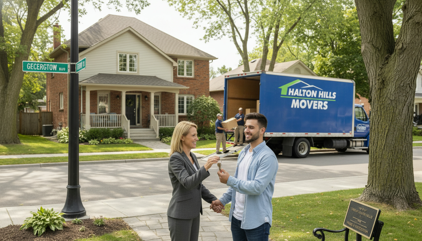 Realtor handing keys to buyers outside a house in Georgetown, ON with a moving truck in the background.