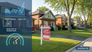 Georgetown Ontario street with for sale sign and housing market data overlay