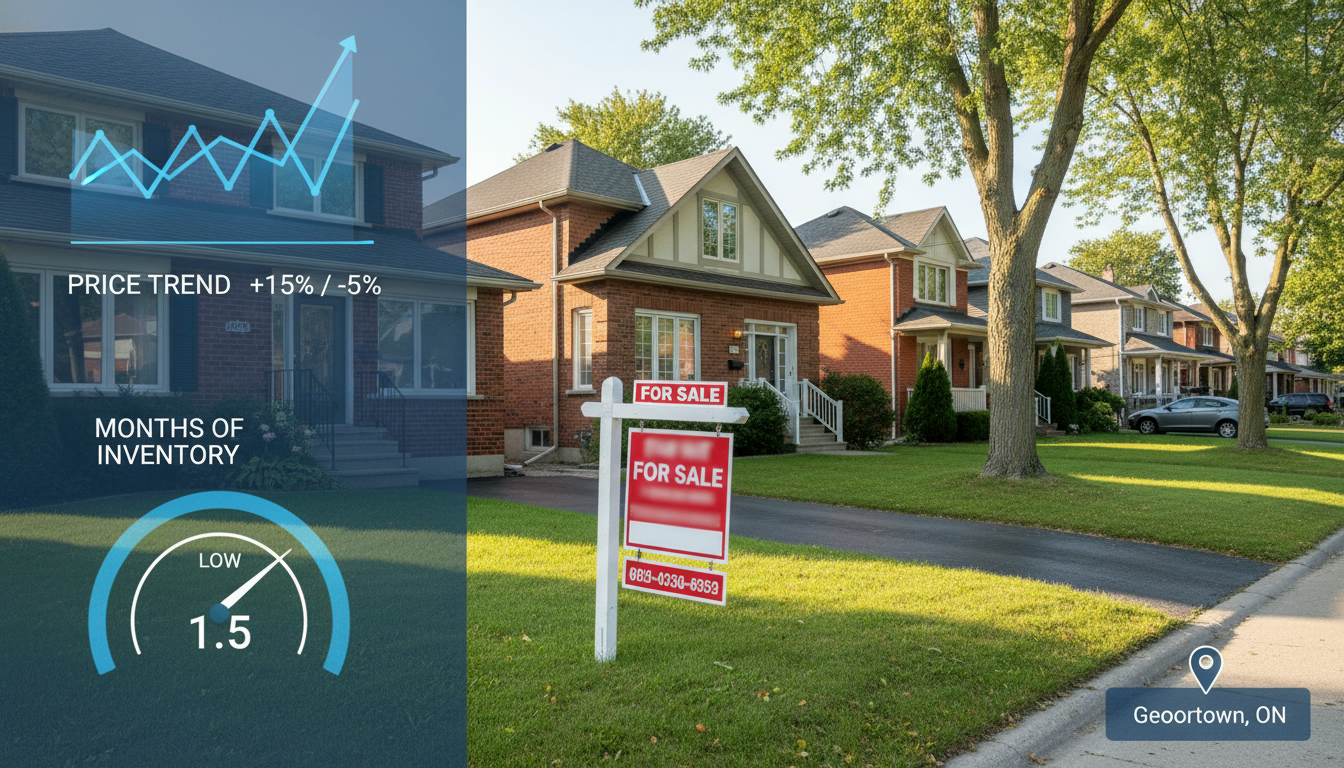 Georgetown Ontario street with for sale sign and housing market data overlay