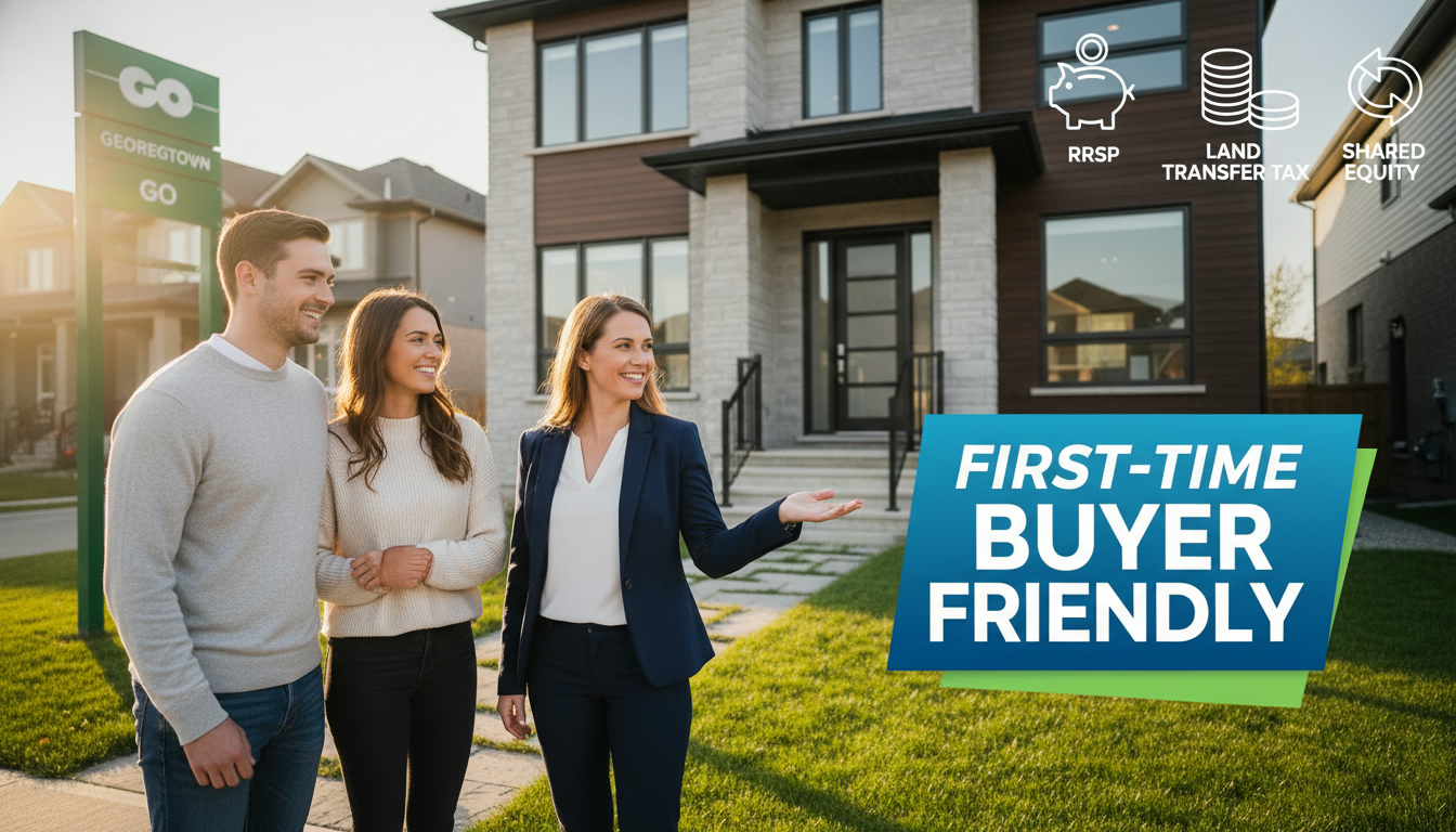 Realtor showing young couple a move-in-ready home in Georgetown Ontario with icons for RRSP, land transfer tax, and shared equity
