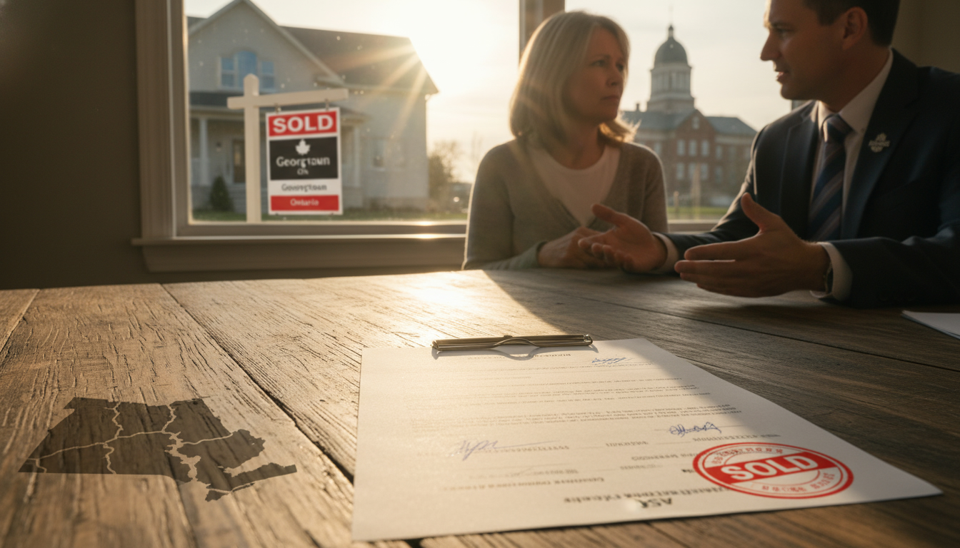Realtor reviewing a contract with a homeowner in Georgetown, Ontario with a 'Sold' sign and a courthouse silhouette in the background.
