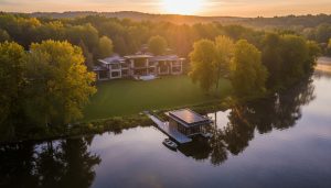 A luxury Georgetown waterfront home with private dock on the Credit River at sunset
