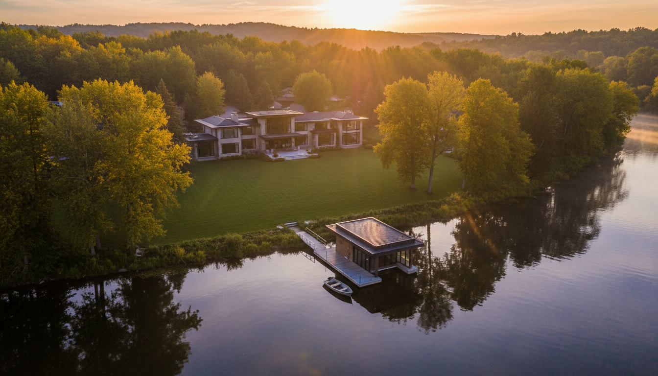 A luxury Georgetown waterfront home with private dock on the Credit River at sunset