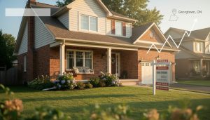 Georgetown Ontario home with 'For Sale' sign and market chart overlay