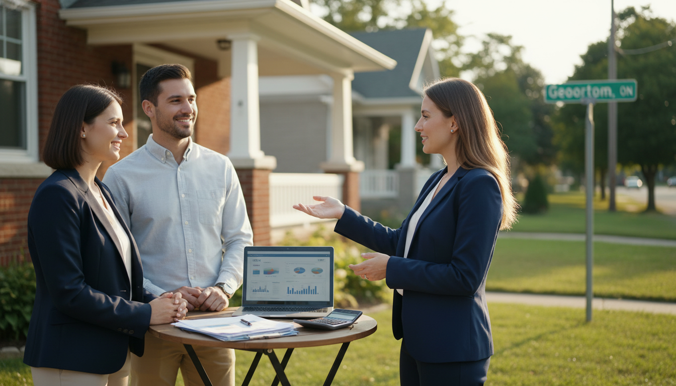 Realtor advising homeowners outside a Georgetown, Ontario house with insurance paperwork and calculator