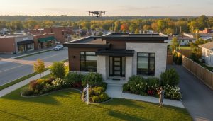 Real estate videographer filming a Georgetown Ontario home with drone overhead and 'For Sale' sign in yard during golden hour.