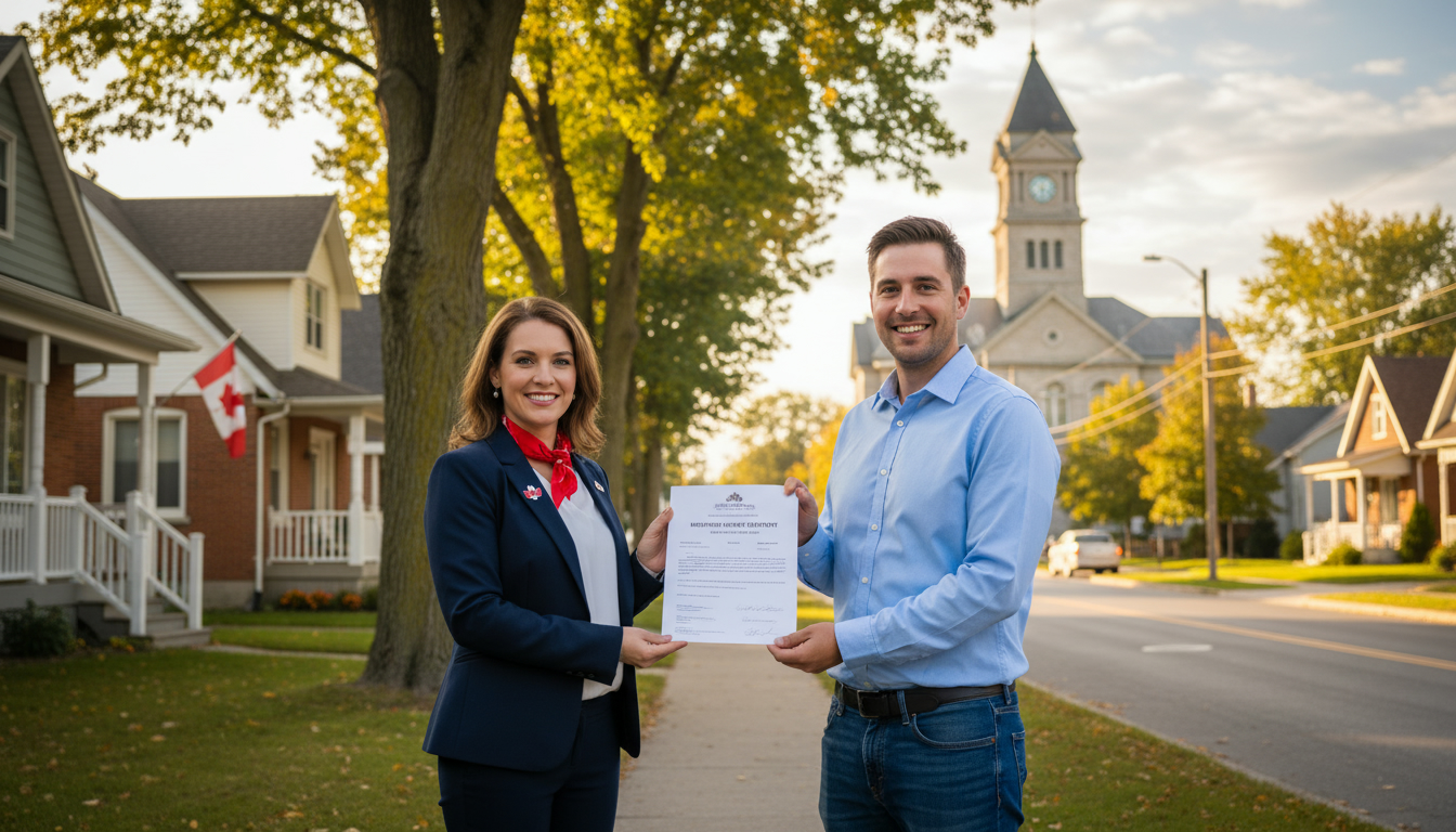Real estate agent and homeowner reviewing mortgage payoff statement in Georgetown, Ontario