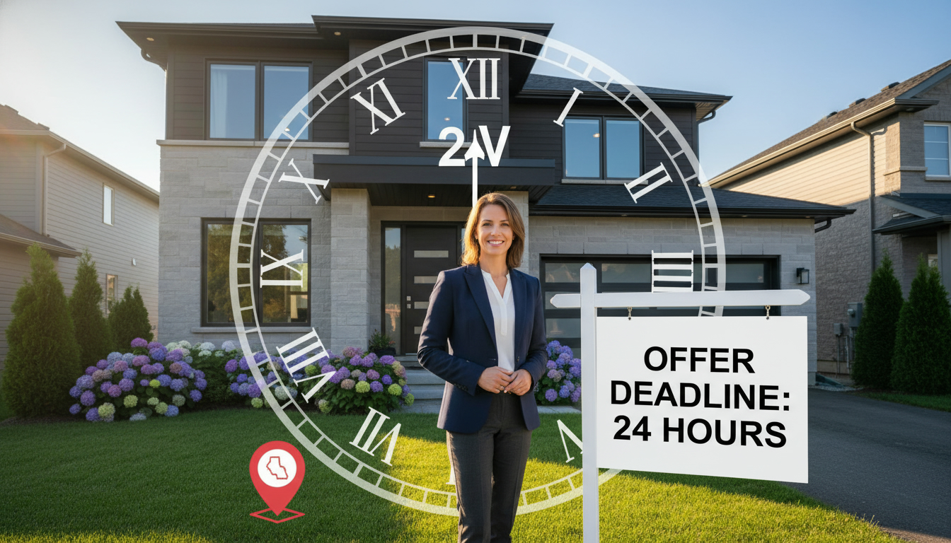 Real estate agent outside Georgetown home with clock overlay showing 24-hour deadline