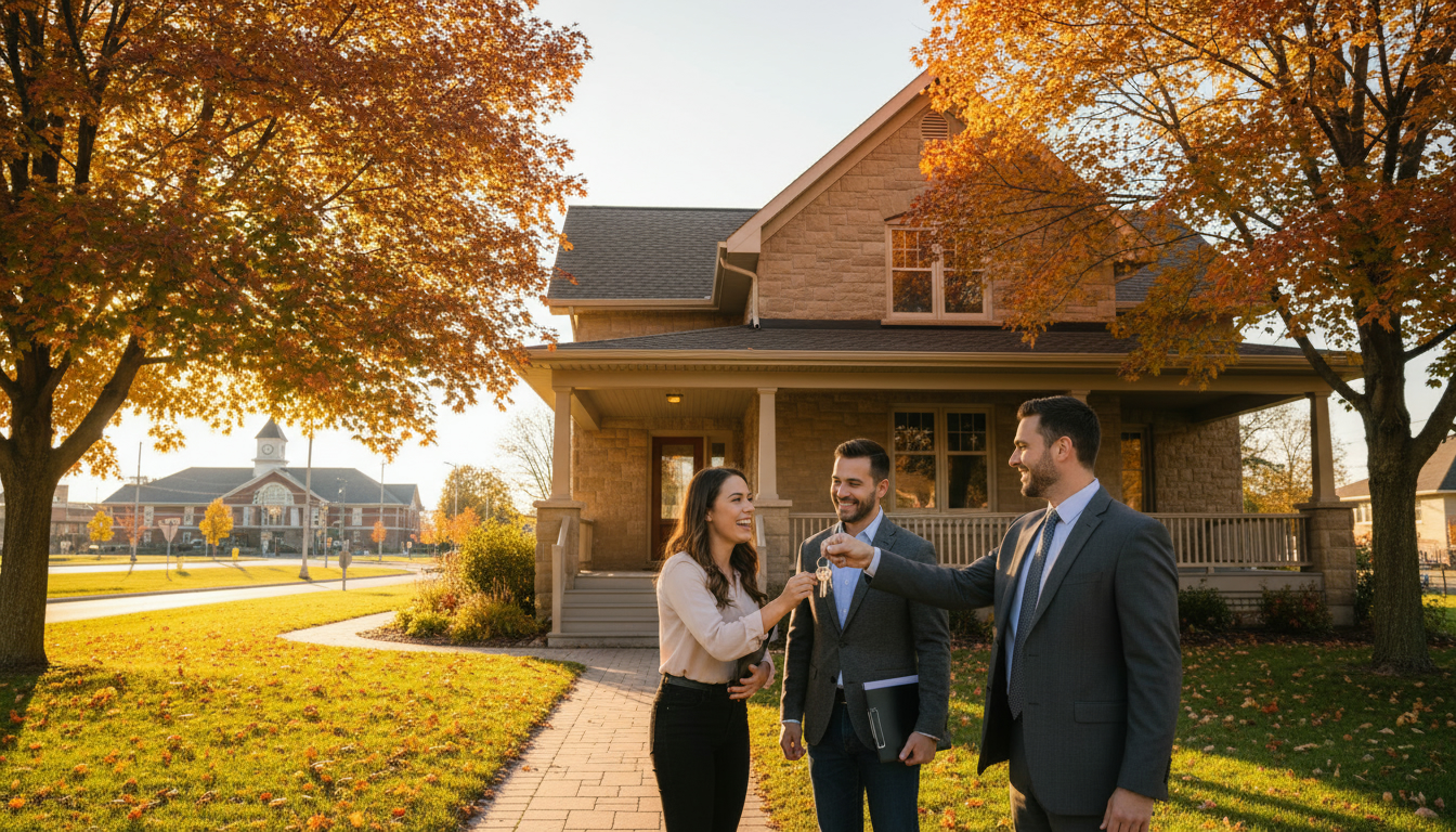 Realtor handing keys to buyers in front of a Georgetown, Ontario home at closing
