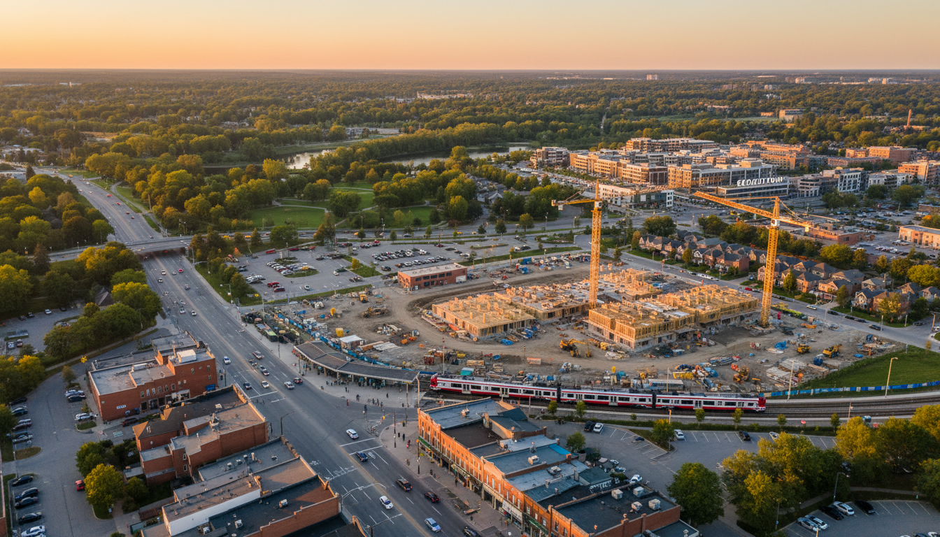 Aerial view of Georgetown, Ontario showing new housing construction, GO train station, and downtown area.