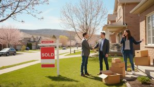 Georgetown, Ontario home with 'SOLD' sign, moving boxes, realtor handshake and homeowner on phone, representing insurance and closing.