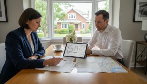 Realtor and homeowner reviewing property disclosure documents with Georgetown house visible through window