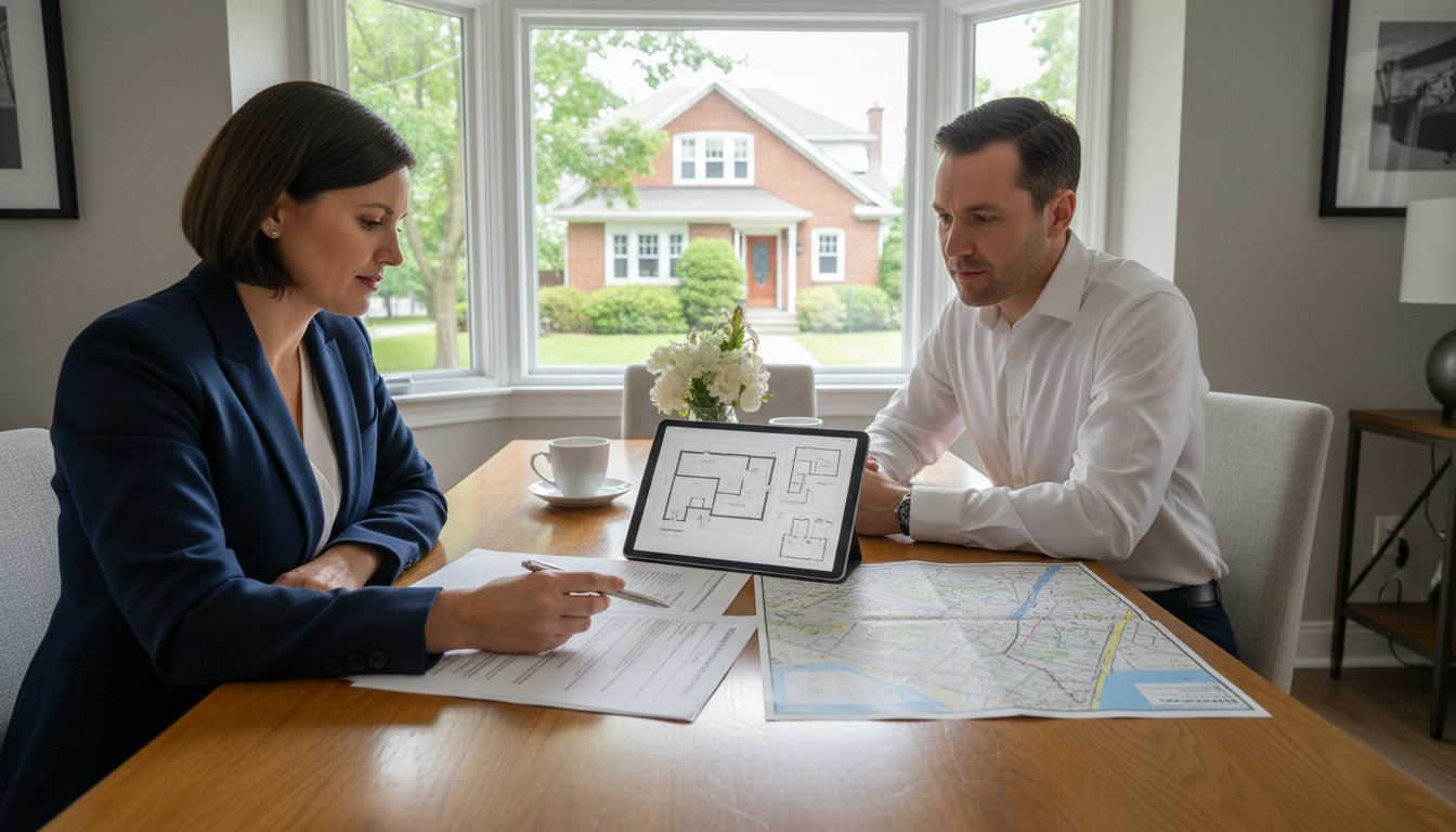 Realtor and homeowner reviewing property disclosure documents with Georgetown house visible through window