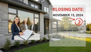 Georgetown Ontario home with purchase contract and calendar showing long closing date, agent reviewing documents.