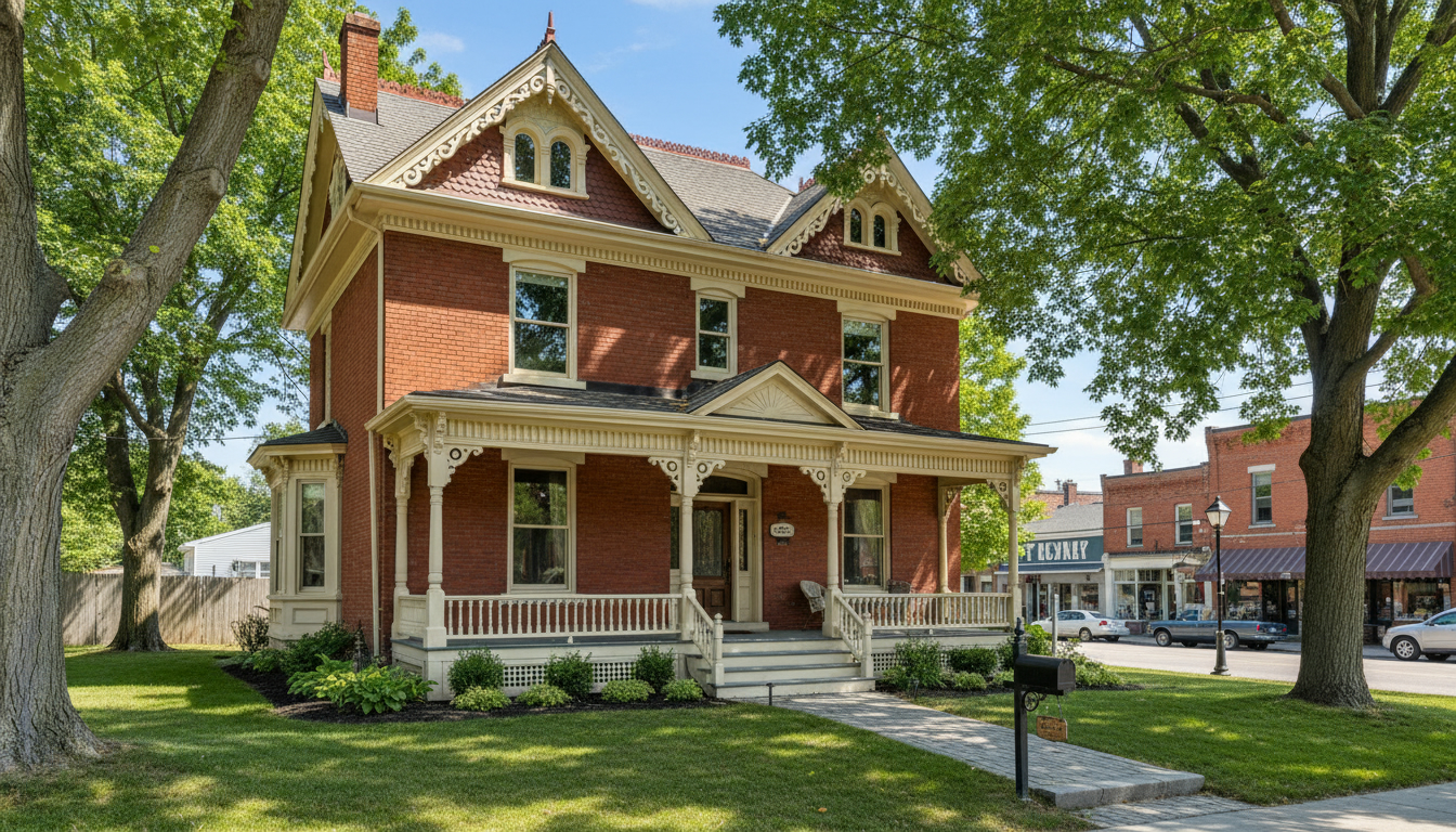 Victorian heritage house in Georgetown Ontario with decorative trim and heritage sign