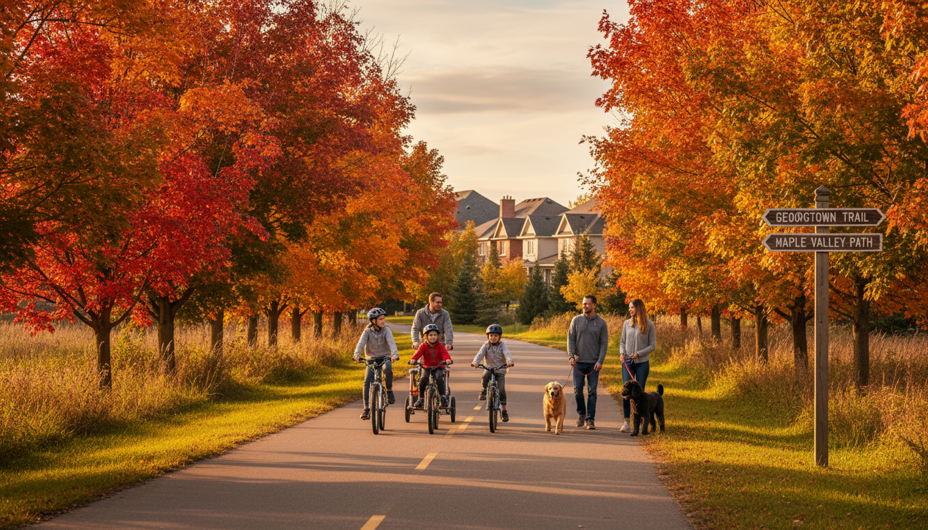 Family biking and people walking dogs on a tree-lined trail near a Georgetown, Ontario neighborhood at golden hour.