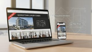 Laptop and phone showing a high-performing Georgetown condo listing with photos, floor plan, and map to GO station