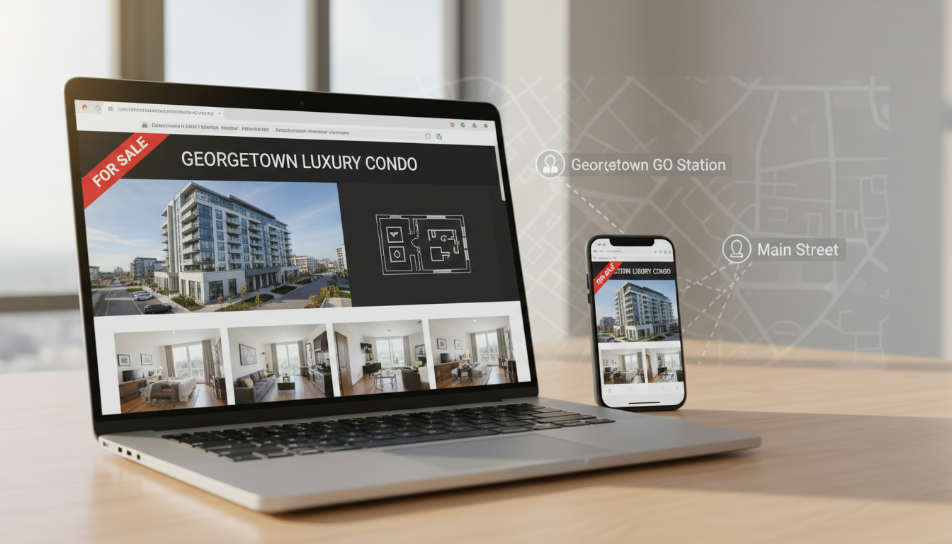 Laptop and phone showing a high-performing Georgetown condo listing with photos, floor plan, and map to GO station