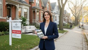 Real estate agent with tablet and 'For Sale' sign on a Georgetown, Ontario street, showcasing a marketing plan.