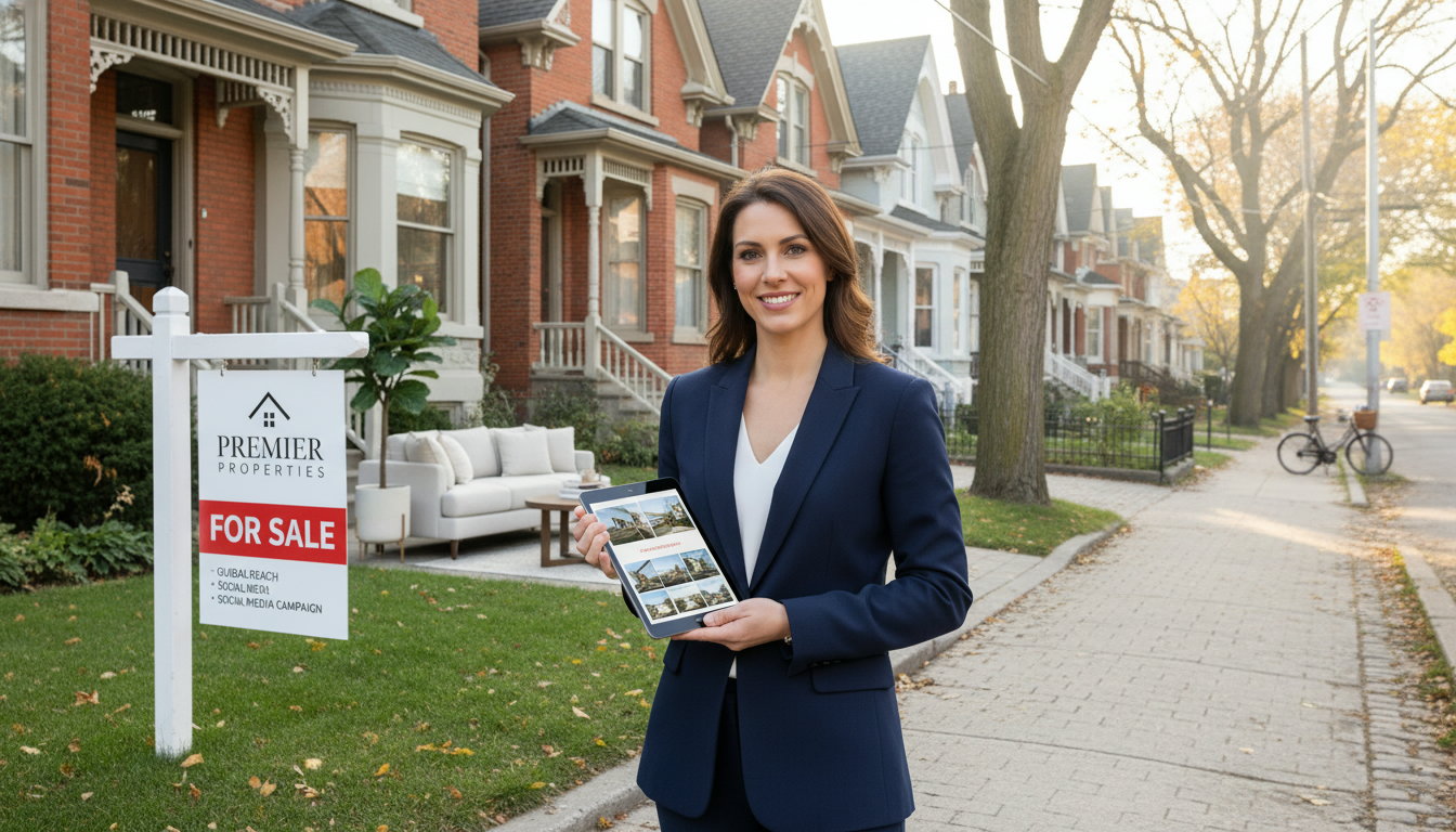 Real estate agent with tablet and 'For Sale' sign on a Georgetown, Ontario street, showcasing a marketing plan.