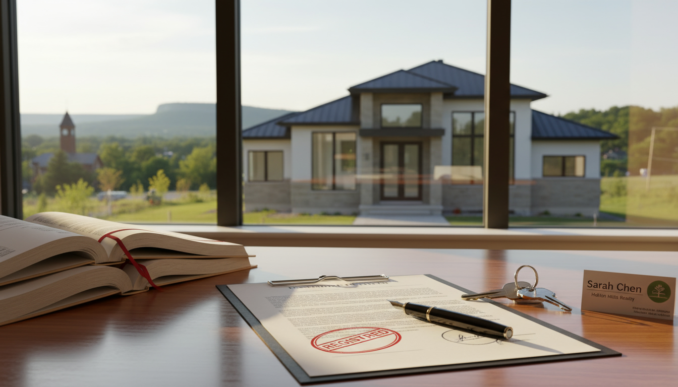 Georgetown Ontario house sale scene with legal documents, keys, and lawyer's desk