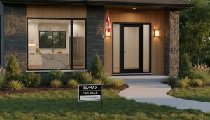 Georgetown Ontario house with fresh landscaping, new front door, and For Sale sign indicating home upgrades.