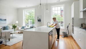 Professional cleaner wiping kitchen counter in a bright Georgetown home staged for sale, with 'For Sale' sign visible outside.