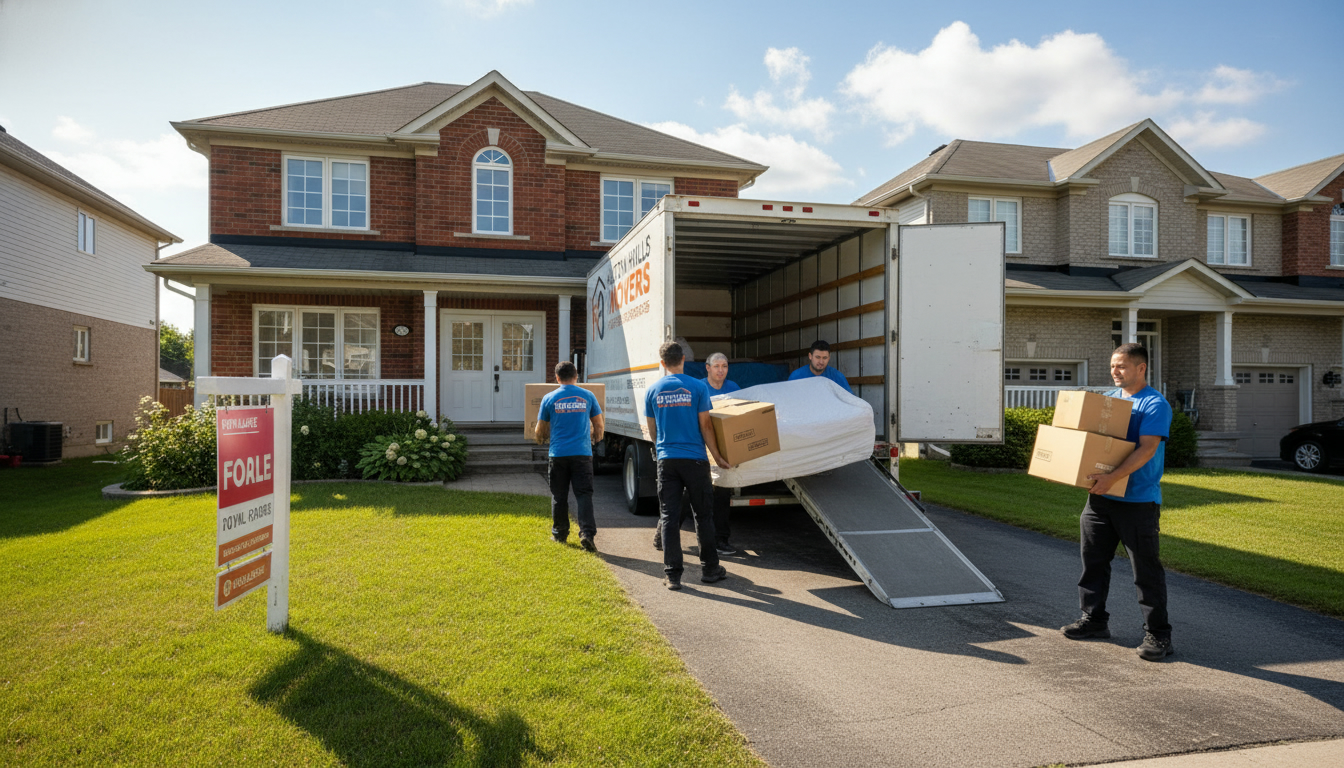 Moving crew carrying boxes in front of a Georgetown, Ontario house with a For Sale sign and moving truck on driveway.
