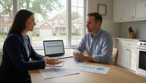 Realtor and homeowner negotiating over paperwork in a bright Georgetown kitchen, with market charts visible