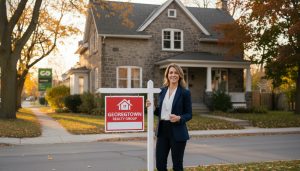 Realtor holding For Sale sign in front of a Georgetown, Ontario home with GO station in background