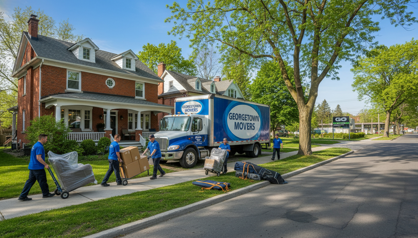 Professional moving truck and movers carrying wrapped furniture near a Georgetown, Ontario house