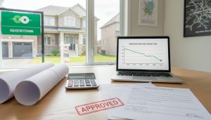 Georgetown Ontario house with mortgage documents, calculator, renovation plans and a laptop showing refinance charts