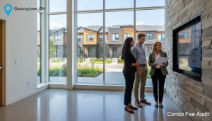 Realtor reviewing status certificate in a Georgetown, Ontario condo lobby with townhomes visible outside