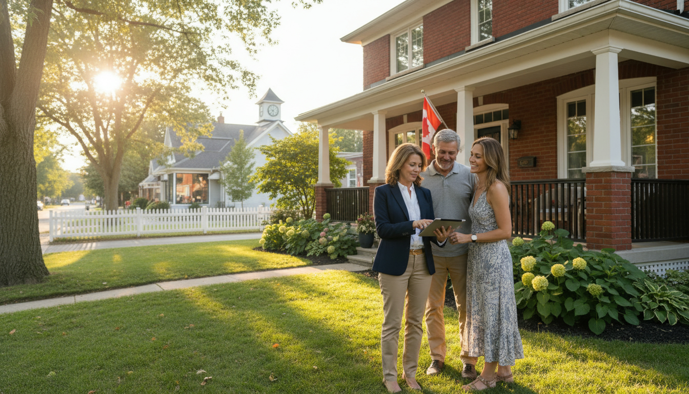 Realtor reviewing marketing plan with homeowners in front of a Georgetown Ontario house at golden hour