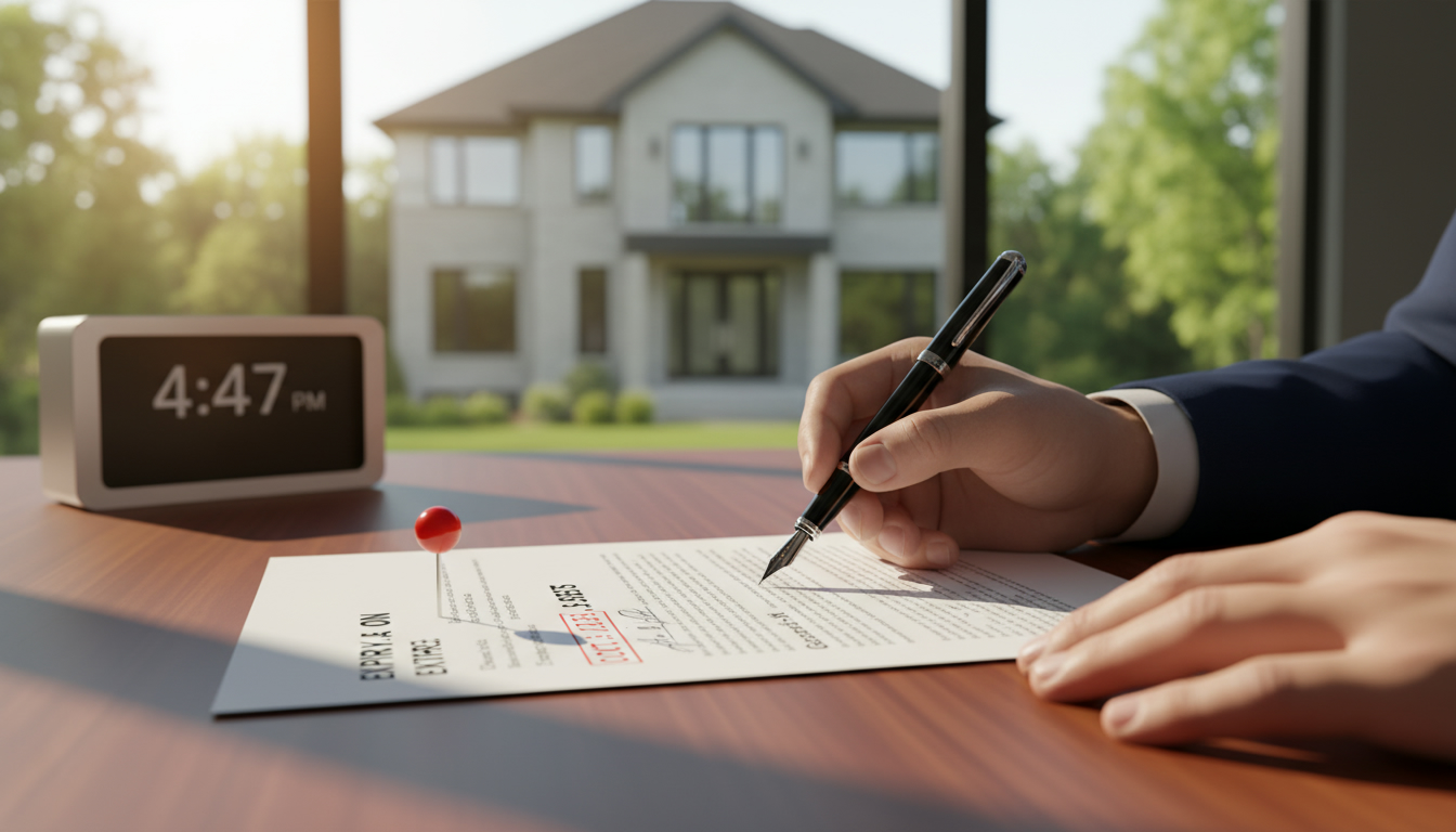 Real estate offer document with expiry time, clock, and Georgetown Ontario map pin on desk