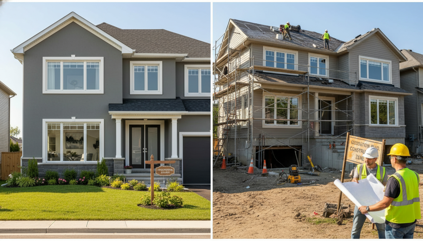 Split image of a Georgetown house showing cosmetic updates on one side and structural repairs on the other