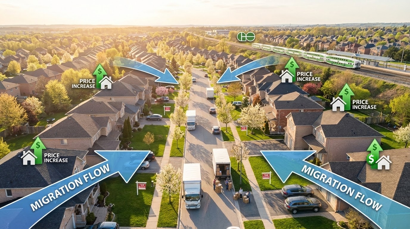 Aerial view of Georgetown neighborhood with arrows showing incoming migration and ‘for sale’ signs indicating rising property demand.