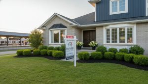 Well-staged Georgetown Ontario home with 'For Sale' sign and tidy curb appeal, afternoon light.