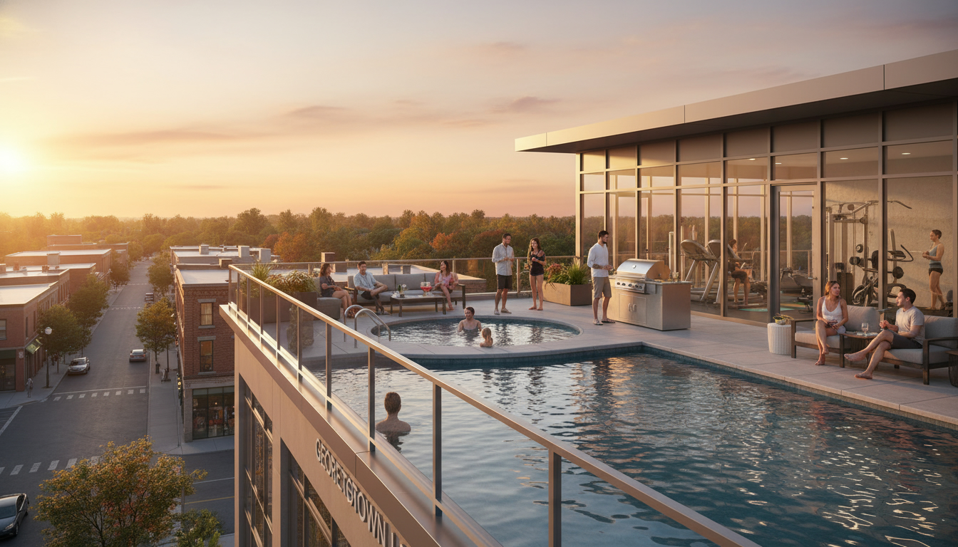 Georgetown Ontario condo rooftop terrace, pool, and gym at golden hour