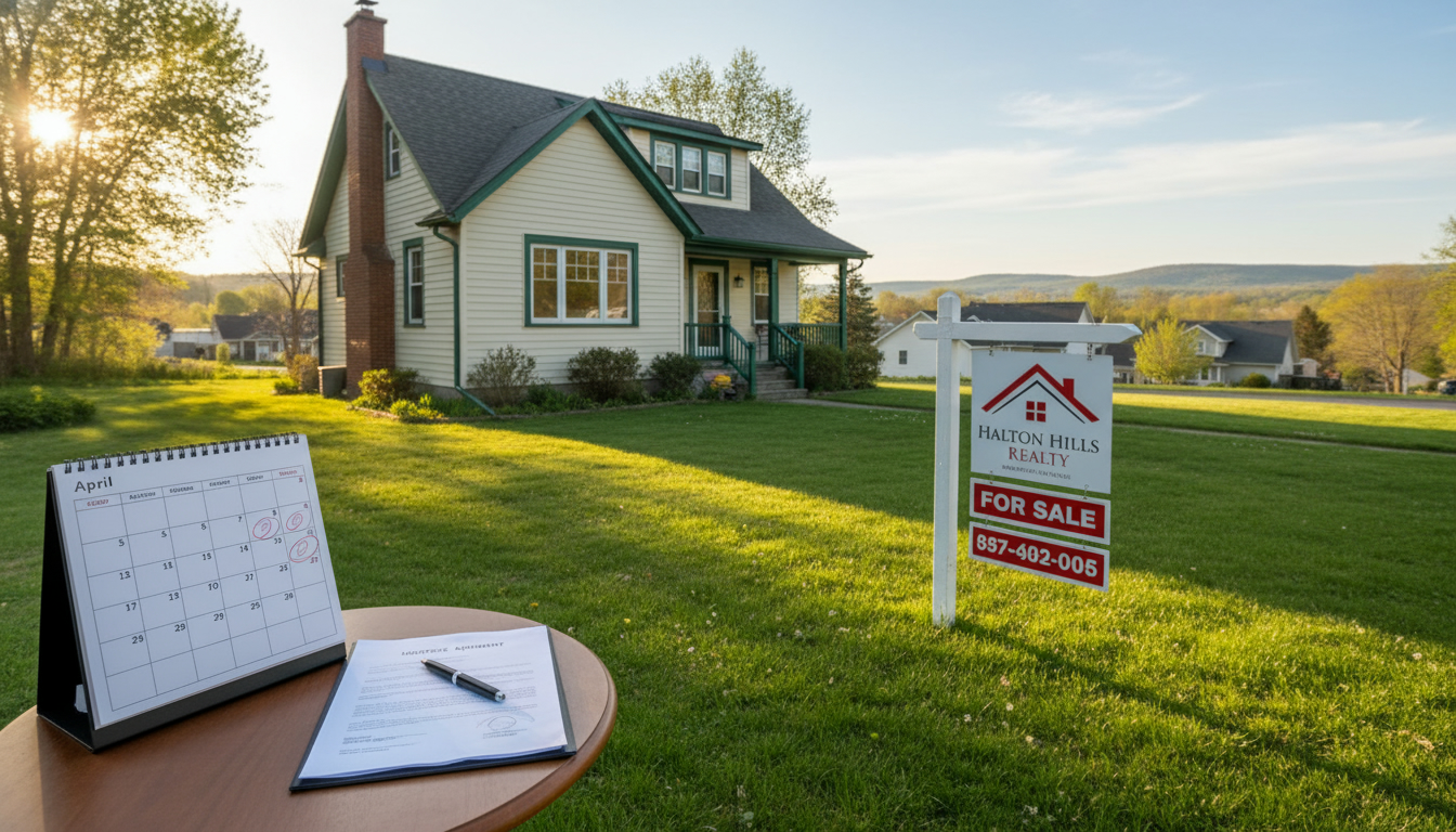 Georgetown Ontario house with For Sale sign, calendar and mortgage papers on table, representing selling before mortgage renewal.
