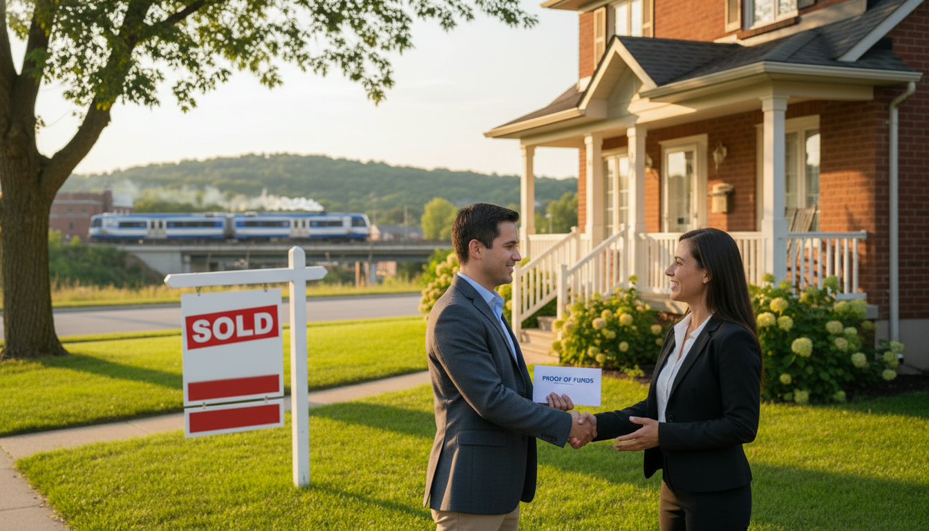 Georgetown Ontario house with sold sign and buyer and seller handshake holding proof of funds envelope.