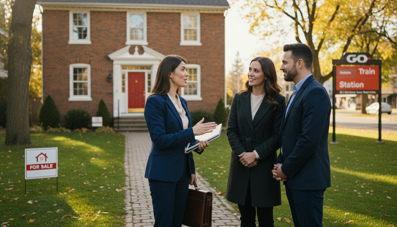 Real estate agent discussing pricing strategy with homeowners outside a Georgetown, Ontario home near the GO station.