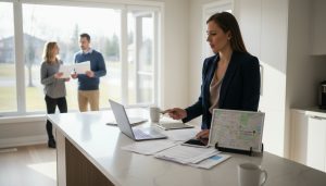 Real estate agent reviewing multiple offers at a kitchen table in a Georgetown Ontario home with buyers in background
