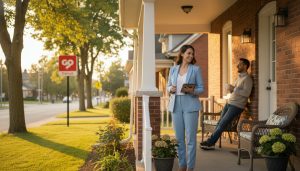 Real estate agent advising homeowner in front of a Georgetown, Ontario home with local downtown cues and golden-hour lighting